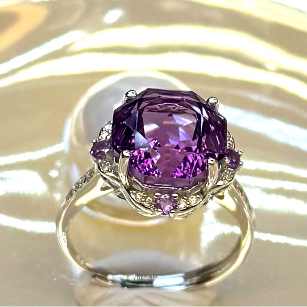 RA2 5.3CT RARE MILLENNIUM ROSE CUT Natural Amethyst Ring Rhodium plated S925